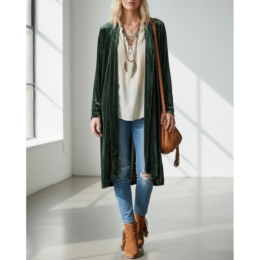 Citron Santa Monica Emerald Green Silk Blend Velvet Kimono Duster Coat Size S